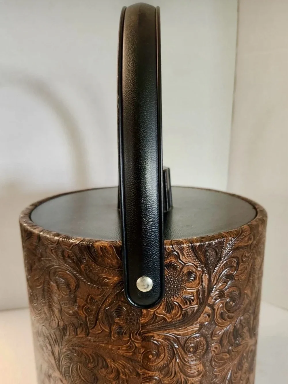 Vintage Irvinware Ice Bucket Brown Tooled Vegan Leather with Lid  Made USA